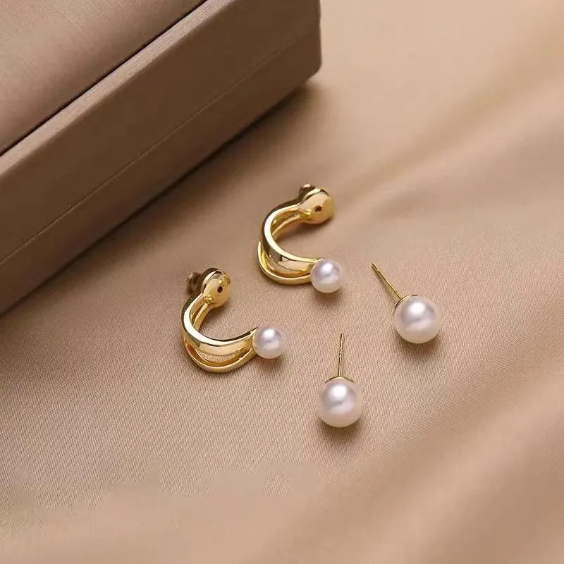 Pearl Korean Earrings Gold Finish 2 in 1 Set